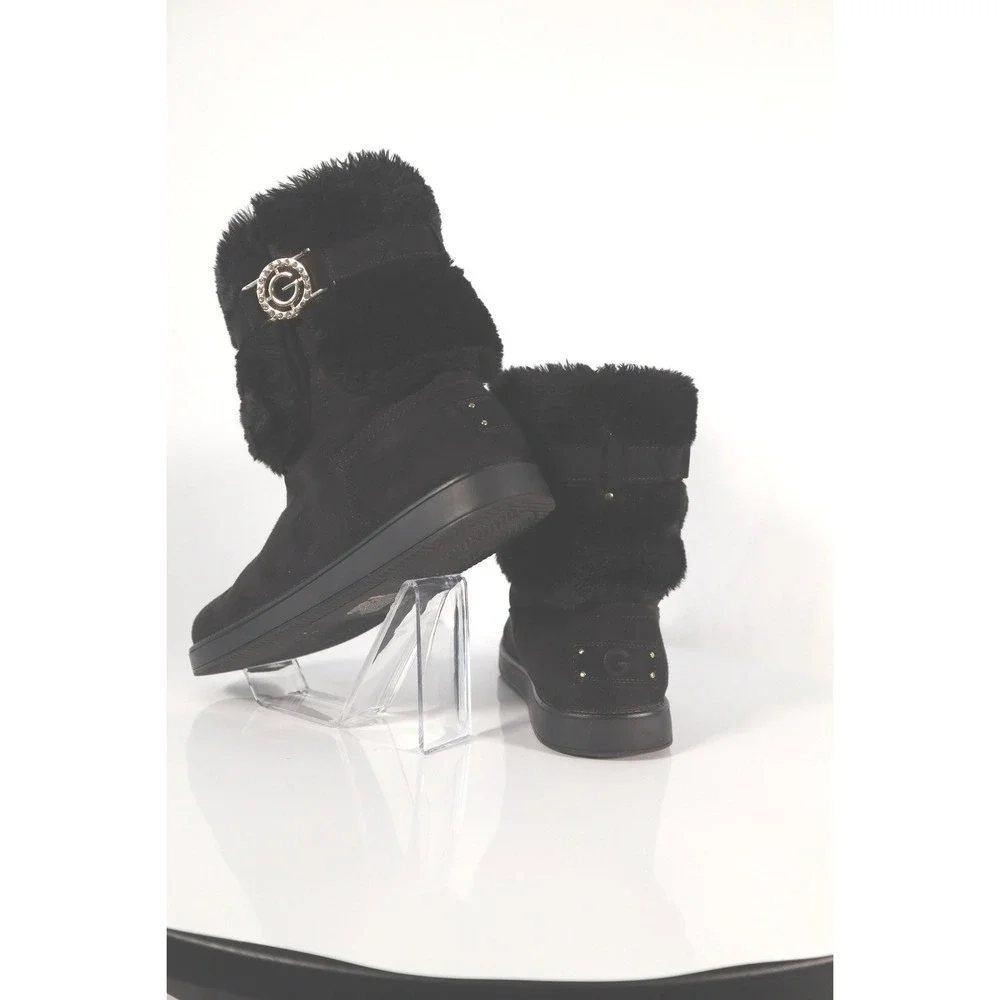 GUESS Black Faux Suede Fur Trim Rhinestone Logo‎ Mid-Calf Boots Size 10W